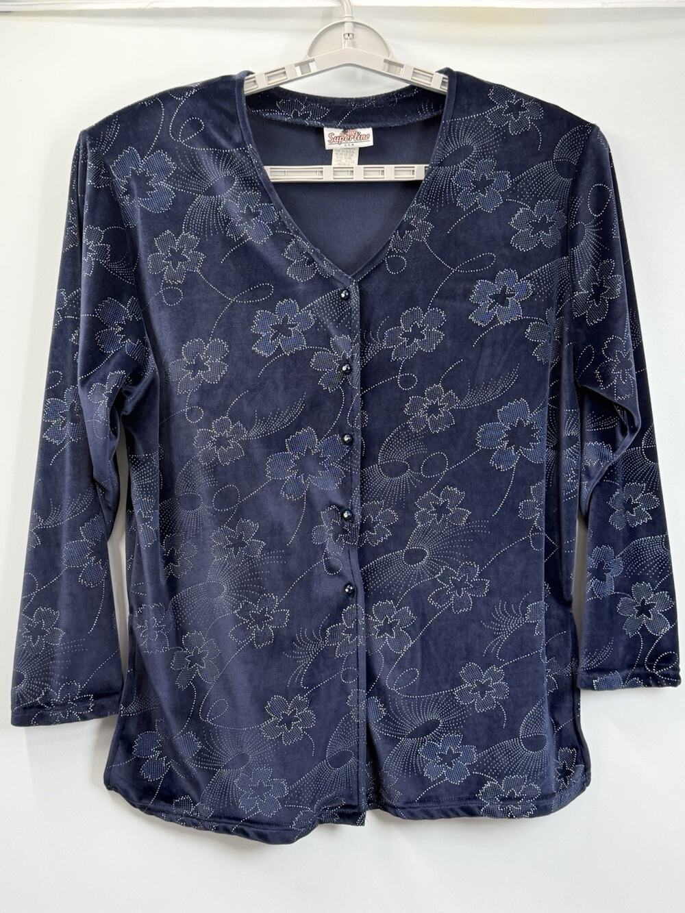 Vintage Y2K Superline USA Blue Velvet Whimsigoth Floral Rhinestone Top One Size